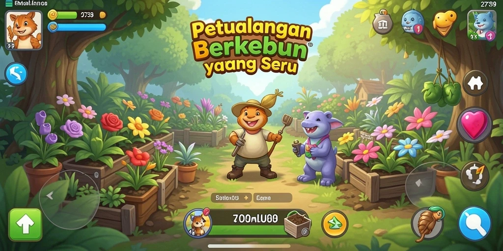 Screenshot gameplay 2739 menampilkan kebun yang subur dan tanaman yang beragam.