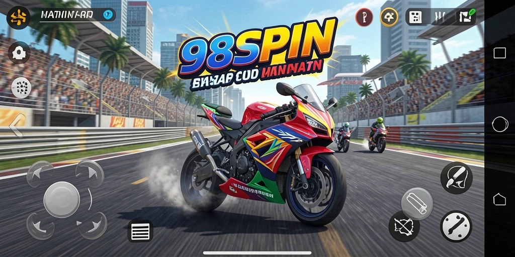 Screenshot gameplay menunjukkan balapan motor yang intens dan seru.