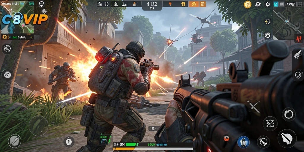Tampilan gameplay menegangkan dalam C8VIP dengan aksi yang intens.