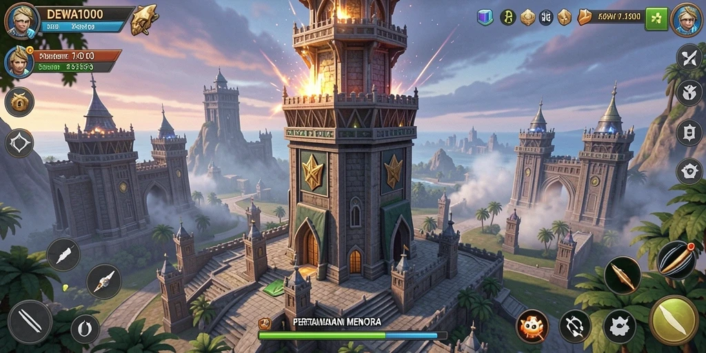 Screenshot DEWA1000 menampilkan aksi pertahanan menara yang seru.