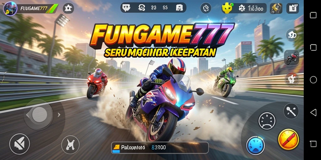 Gameplay seru FUNGAME777 dengan balapan motor yang menarik.