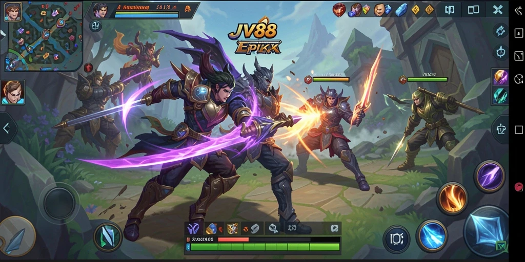 Tangkapan layar gameplay JV88 menampilkan pertempuran seru di arena MOBA.
