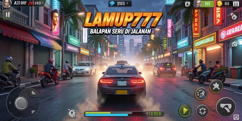 Tampilan gameplay seru dari LAMPU777 saat balapan di jalan.