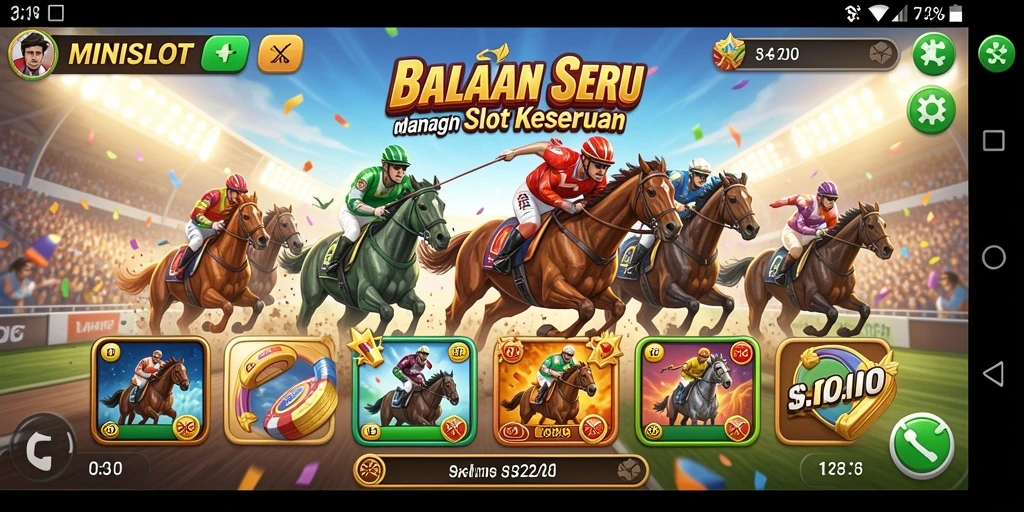 Tangkapan layar utama gameplay MINISLOT yang menampilkan balapan seru dengan slot.