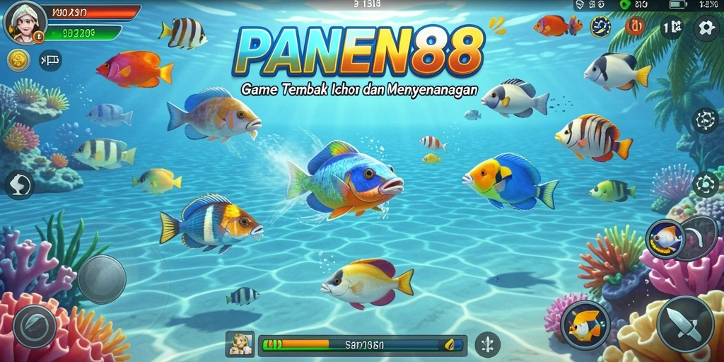 Tangkapan screenshot dari gameplay seru PANEN88 dengan ikan-ikan berwarna-warni.