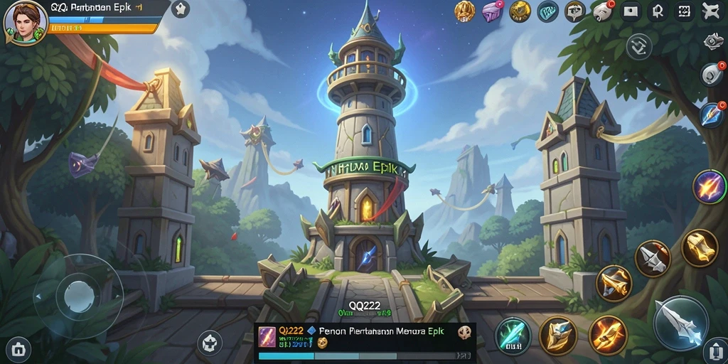 Screenshot utama QQ222 menampilkan aksi menara bertahan melawan musuh yang menyerbu.